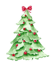 Watercolor illustration of a Christmas tree with a bow on the crown on a white background