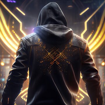 Cyberpunk badass character in leather jacket and hoodie. Anonymous avatar.