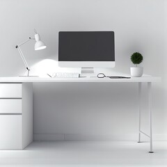 Modern white workspace computer desk with pc computer desktop mockup and office accessories on table against white wall. 3d rendering, 3d illustration