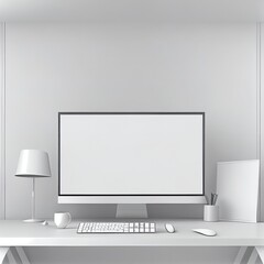 Monochrome style home workplace with blank white computer monitor on white table at light wall background. Mock up. 3D rendering