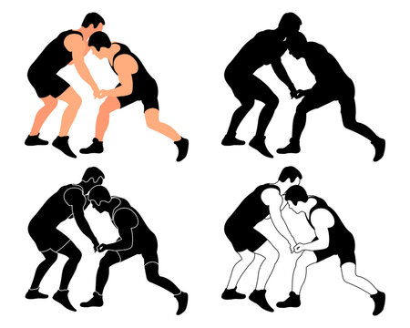 Set silhouettes athletes wrestlers in wrestling, duel, fight. Greco Roman, freestyle, classical wrestling. Martial art