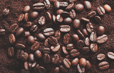 Overhead shot of coffee beans and grounds