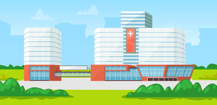 Modern hospital building, healthcare system and medical facility with all departments. Clinic with ambulance outside city. Healthcare and emergency concept. Urban medical clinic in nature landscape