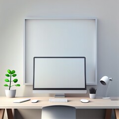 modern clean workspace mockup with blank screen. 3D illustration.