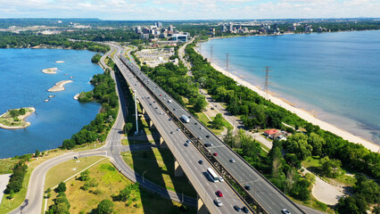 Fototapeta na wymiar Aerial scene of the Burlington Skyway in Ontario, Canada