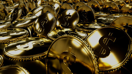 coins of gold dark bg - wealth concept for casino - industrial 3D illustration
