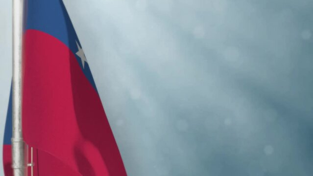 Waving Samoa flag on light blue bokeh bg