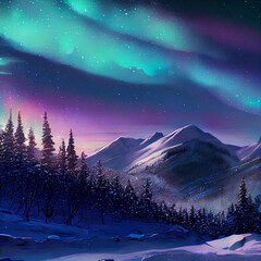 Aurora borealis over forest, trees, snow, landscape