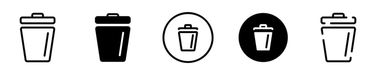 Conjunto de iconos de papelera. Contenedor de basura y reciclaje. Concepto de almacenamiento de desechos. Papelera de diferentes estilos. Ilustración vectorial - obrazy, fototapety, plakaty