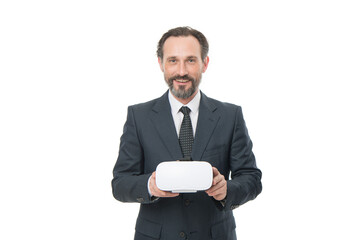 virtual reality in business cyberspace. smiling business man of virtual reality hold vr glasses