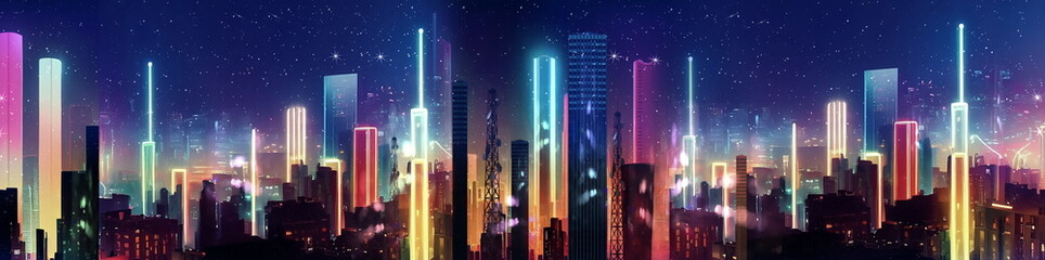Fototapeta na wymiar night city neon light urban modern busines buildings panorama banner background