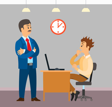 Male character works at computer in office to finish task. Boss urges employee to complete assignment defore deadline. Working in office and implementation of assign tasks. Angry businessman in office