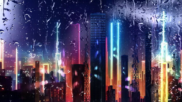 rainy window view on night city modern buildings neon light panorama banner background © Irina