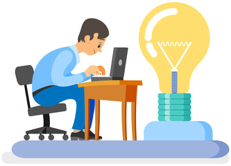Businessman thinking with light bulb, creative idea. Man sitting at workplace and working with computer. Calm guy in business suit trying to finish task on time. Employee works to deal with deadlines
