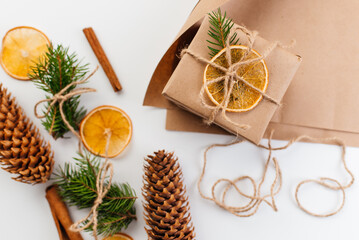 Christmas bright composition. Gift wrapping option. Christmas background for presenting work or text. Copy space.