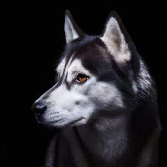 Close up studio photography of a dog head. Husky  close up head photography, realistic dog and puppy head on black background.     