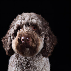 Close up studio photography of a dog head. Lagotto Romagnolo, Italian Water Dog  close up head photography, realistic dog and puppy head on black background.     