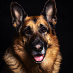 Close up studio photography of a dog head. German Shepherd dog  close up head photography, realistic dog and puppy head on black background.     