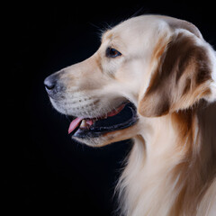 Close up studio photography of a dog head. Golden Retriever  close up head photography, realistic dog and puppy head on black background.     