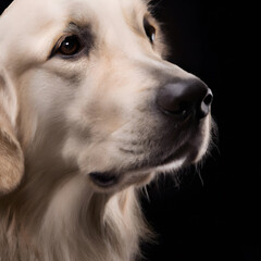 Close up studio photography of a dog head. Golden Retriever  close up head photography, realistic dog and puppy head on black background.     