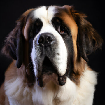Close up studio photography of a dog head. St.Bernard  close up head photography, realistic dog and puppy head on black background.     