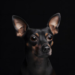 Close up studio photography of a dog head. Miniature pincher, Dachshund, mixed breed  close up head photography, realistic dog and puppy head on black background.     