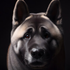 Close up studio photography of a dog head. Akita inu  close up head photography, realistic dog and puppy head on black background.     