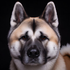 Close up studio photography of a dog head. Akita inu  close up head photography, realistic dog and puppy head on black background.     