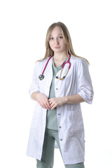 Female physician in medical uniform with stethoscope isolated on white - 546998162