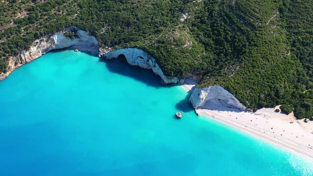 Aerial drone video of secluded paradise beach of Fteri one of the most beautiful on the island of Kefalonia, Ionian, Greece
