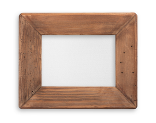 Wood picture frame isolated on white background - Rustic old grunge vintage style with textured white canvas. Painting mock up.  PNG file with transparent shadows