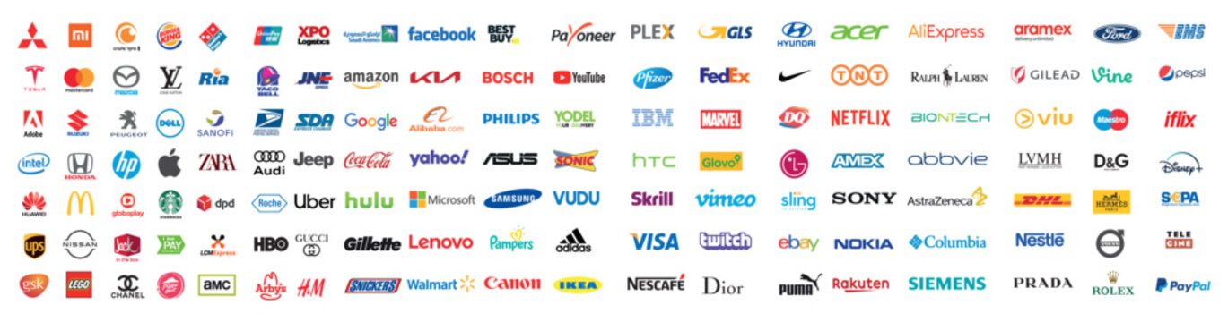 Most popular famous and biggest world company logo brands. Editorial vector. EPS and PNG file for your web page.