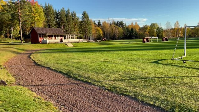 Part of a soccer field and running track. Outside one autumn day. Värmland, Sweden, Europe