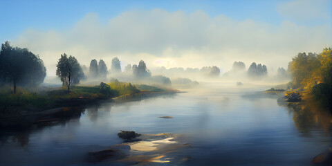 Fototapeta na wymiar Beautiful landscape, mist over a lake