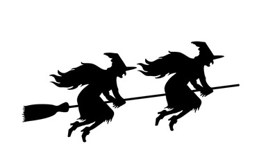Witch couple rides a broomstick in flight vector silhouette illustration isolated on white. Halloween, bogeyman. Walpurgis night. Black magic lady. Horror horrible nightmare. Night legend fairy tale.