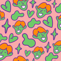 seamless pattern with a smiley face, a seller character, and figures in a cartoon flat style