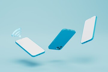 distribution of Wi-Fi connections to several gadgets. smartphones and Wi-Fi hotspot on a blue background. 3D render