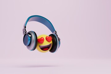 listening to music in headphones. a smiling smiley face with eyes with hearts in headphones. 3D render