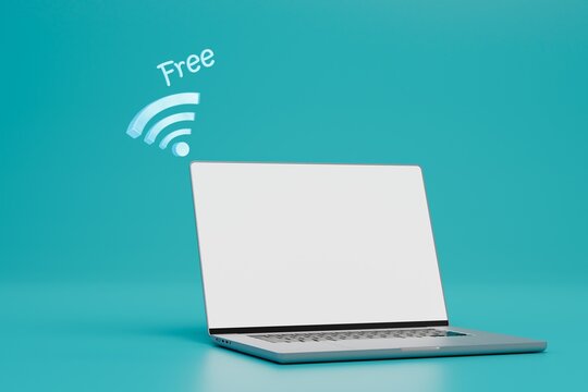 Free Wi-Fi connection. laptop and Wi-Fi icon with the inscription free on a turquoise background. 3D render