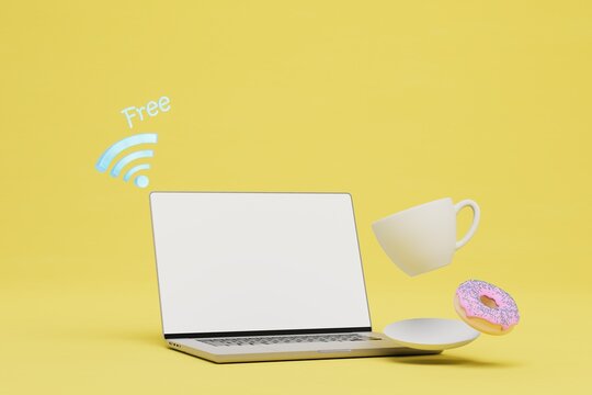 free Wi-Fi in the cafe. laptop, free Wi-Fi icon, cup of coffee and donut on a yellow background. 3D render
