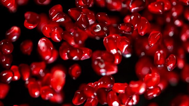 Fresh pomegranate pieces flying, super slow motion filmed on high speed cinematic camera at 1000 fps