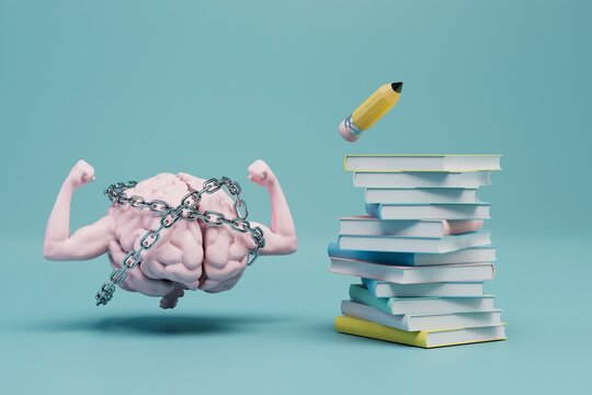 the brain doesn't want to accept science. a brain with pumped hands in chains next to books and a pencil. 3D render