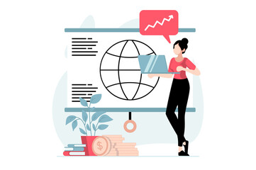 Global economic concept with people scene in flat design. Businesswoman analyzing worldwide market trends, planning strategy and investing money. Illustration with character situation for web