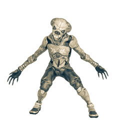 official alien on a sci-fi outfit looking at you in a white background