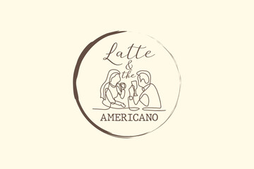 silhouette of two women and a man drinking coffee mono line style
