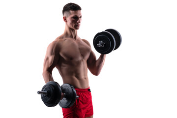 Fototapeta na wymiar sportsman with torso do weightlifting in sport gym isolated on white. gym training of weightlifting