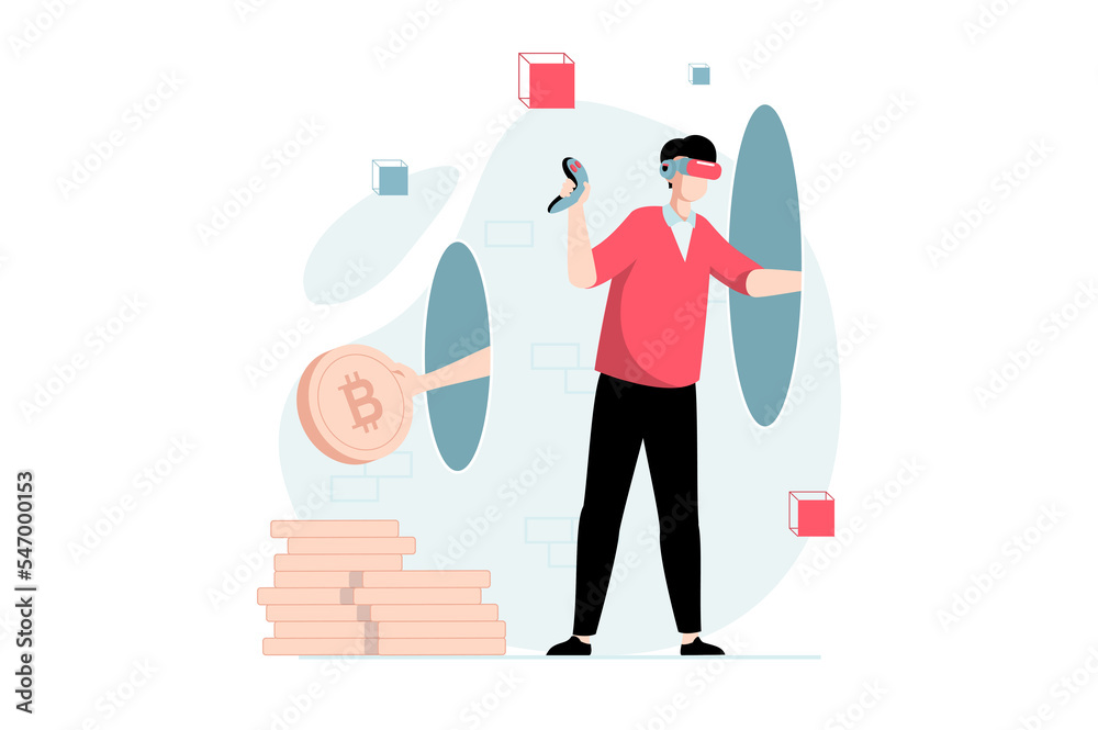 Poster Metaverse concept with people scene in flat design. Man wearing VR headset interacting with virtual reality, makes transaction with cryptocurrency. Illustration with character situation for web