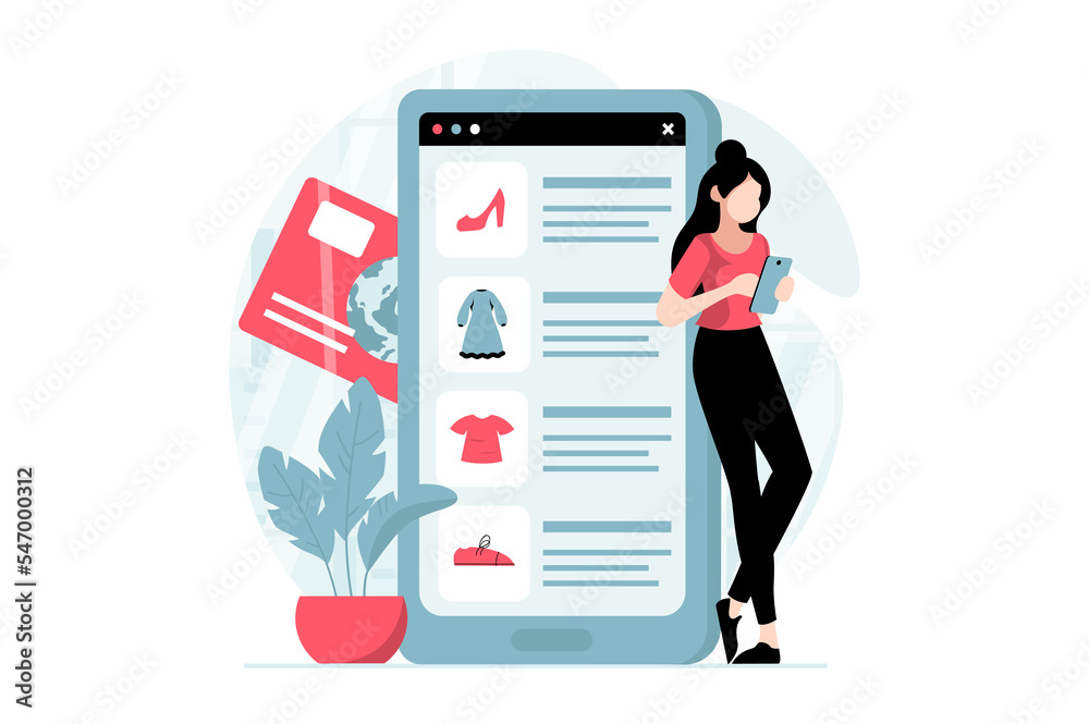 Poster mobile commerce concept with people scene in flat design. woman choosing goods in assortment of inte