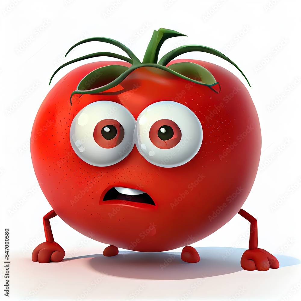 Sticker Cartoons tomato character Isolated On White Background, 3D rendering. 3D illustration.