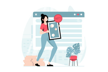 NFT token concept with people scene in flat design. Woman creating unique digital painting for virtual exhibition and selling masterpieces online. Illustration with character situation for web